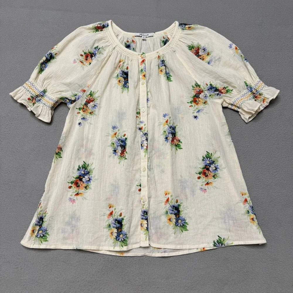 Madewell Top Women S Cream Floral Button Front Cotton Short Sleeve Blouse
